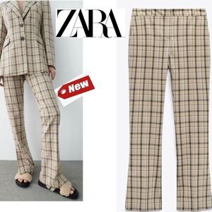 ZARA beige gray plaid check high waisted trouser pants Sz M NWT side slit